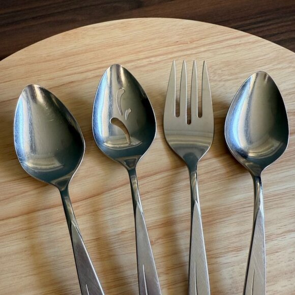4 Pc Fantasy Serving Set 1881 Rogers Oneida 8-1/4" Atomic MCM Spoon Forks Slotte - Picture 3 of 10